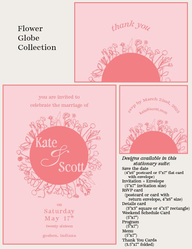 Letterpress Printed Semi-Custom Flower Globe Collection Wedding Invitation Suite - Deposit