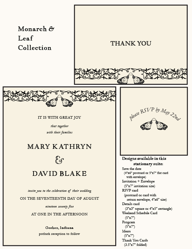 Letterpress Printed Semi-Custom Monarch & Leaf Collection Wedding Invitation Suite - Deposit